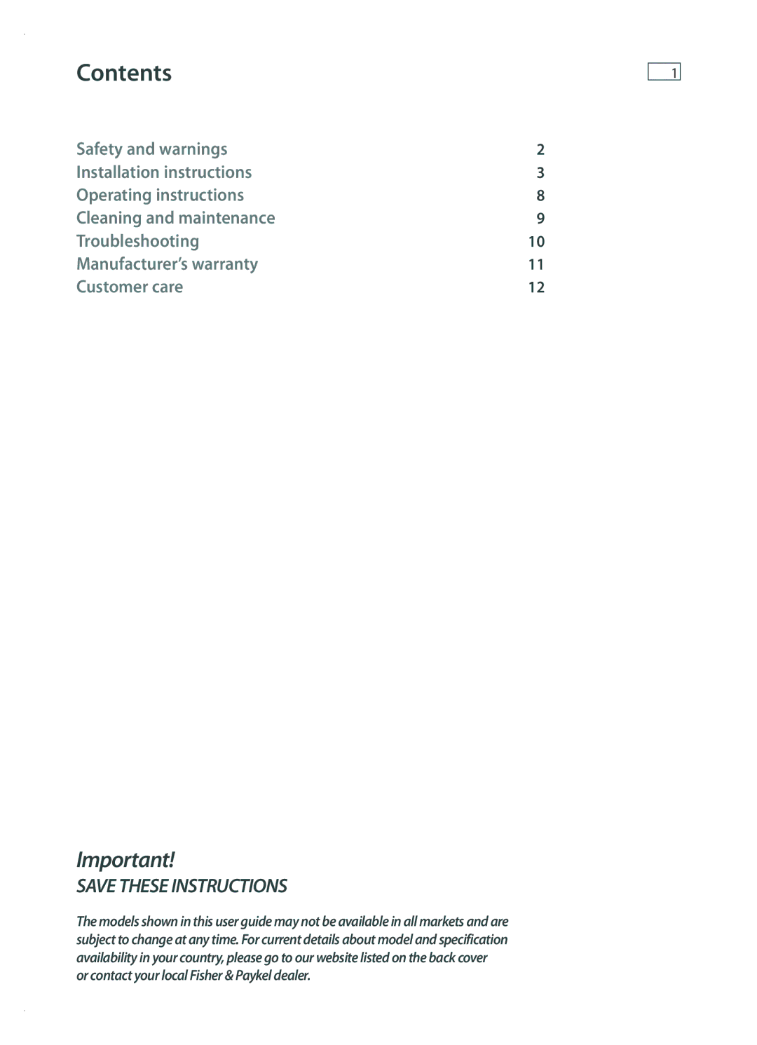 Fisher & Paykel GD50S1 installation instructions Contents 