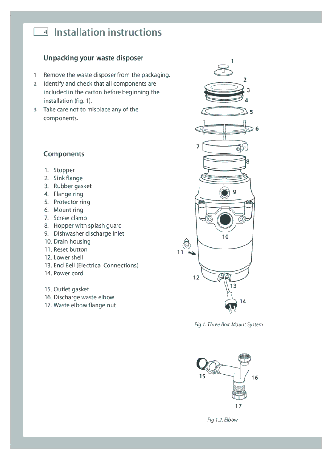 Fisher & Paykel GD50S1 installation instructions Unpacking your waste disposer, Components 