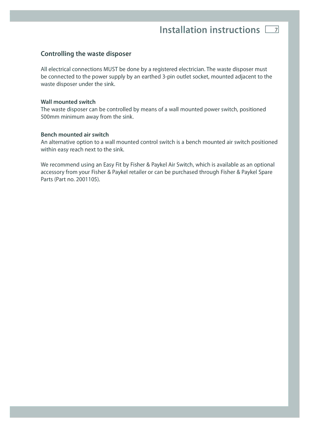 Fisher & Paykel GD50S1 Controlling the waste disposer, Wall mounted switch, Bench mounted air switch 