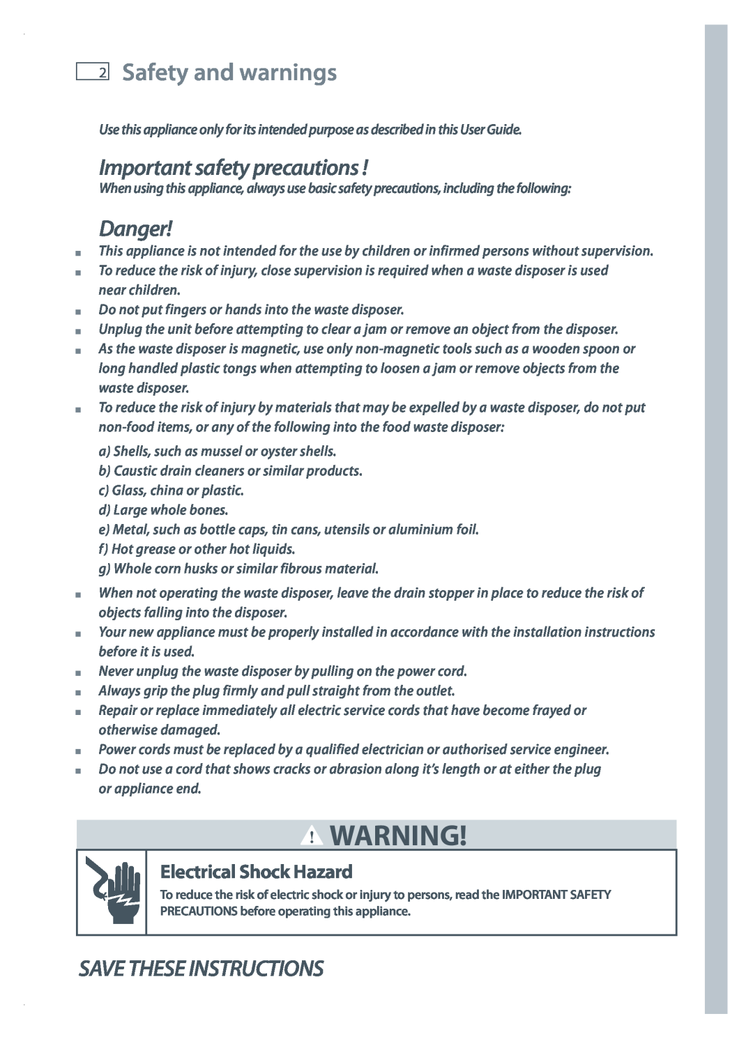 Fisher & Paykel GD50S1 Safety and warnings, Important safety precautions, Danger, Save These Instructions 