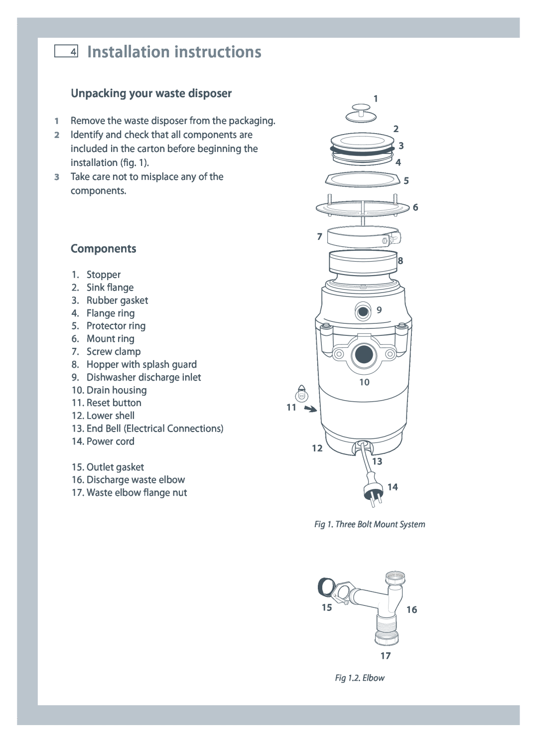Fisher & Paykel GD50S1 installation instructions Unpacking your waste disposer, Components, Installation instructions 