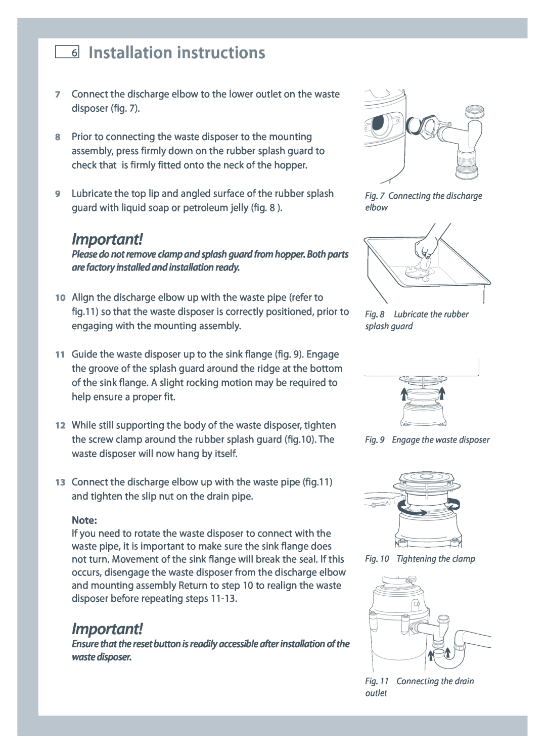 Fisher & Paykel GD50S1 Installation instructions, Connecting the discharge elbow, Lubricate the rubber splash guard 