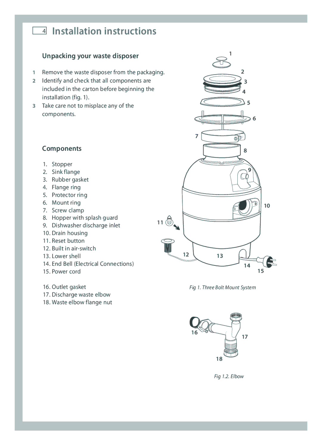 Fisher & Paykel GD75IA1 manual Unpacking your waste disposer, Components 