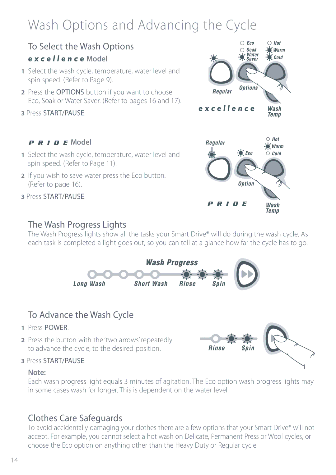 Fisher & Paykel MW612, GW512, MW512 Wash Options and Advancing the Cycle, To Select the Wash Options, Wash Progress Lights 