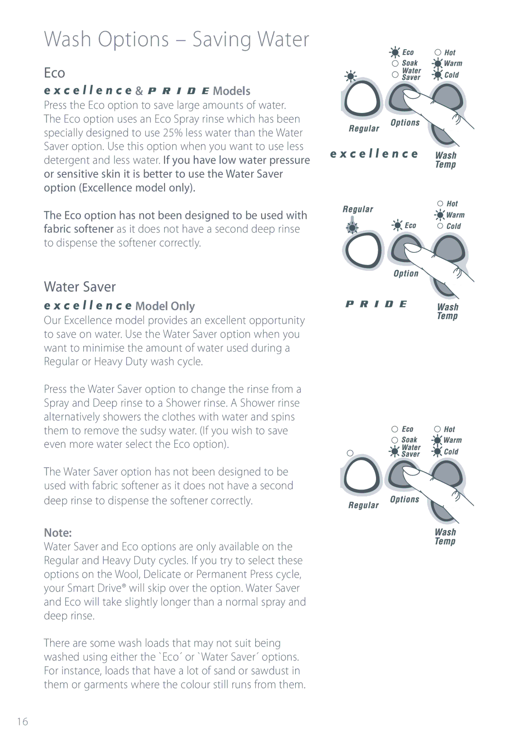 Fisher & Paykel MW512, GW512, GW612, GW712, MW612 installation instructions Wash Options Saving Water, Water Saver, Models 