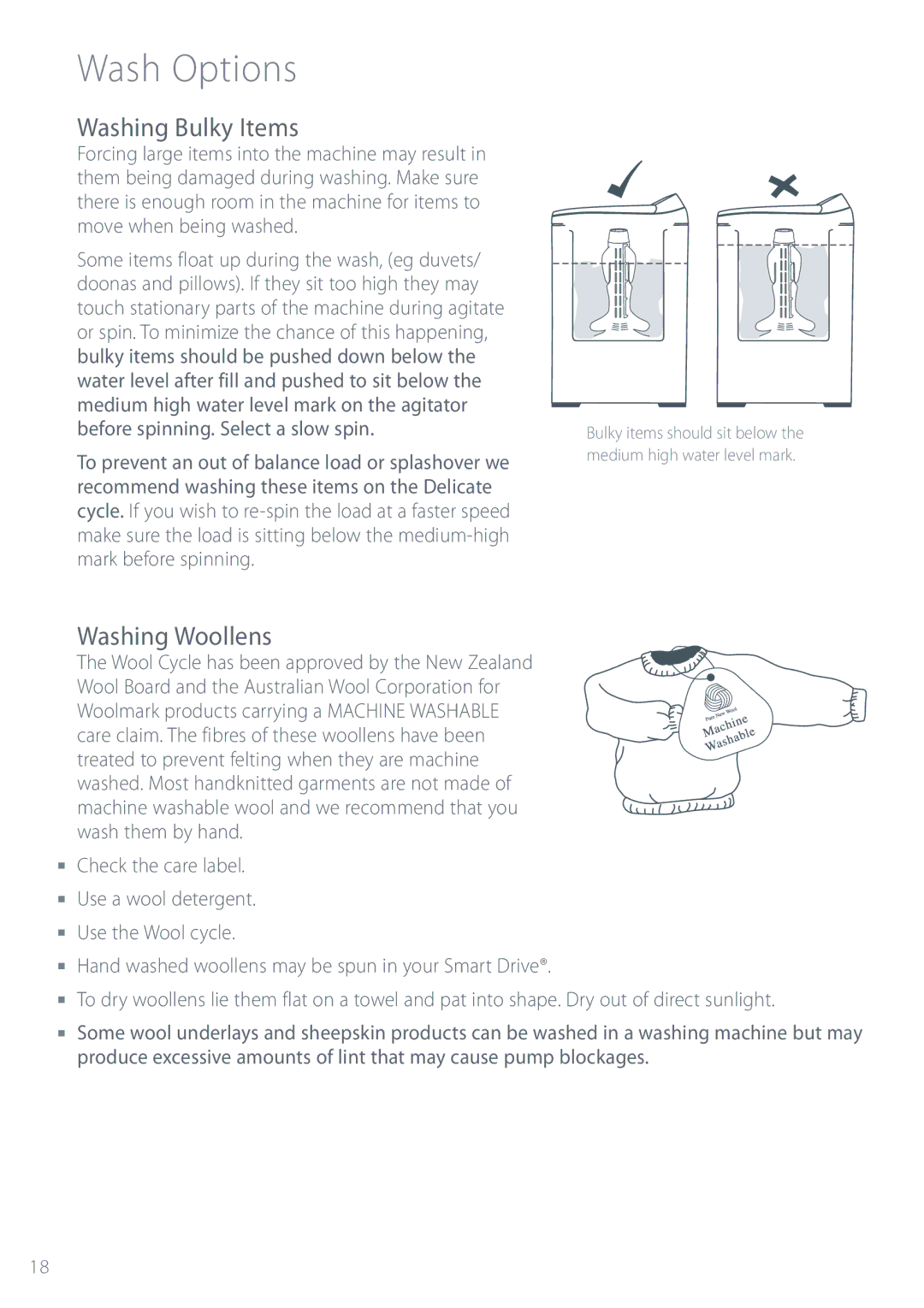 Fisher & Paykel GW712, GW512, MW512, GW612, MW612 installation instructions Washing Bulky Items, Washing Woollens 