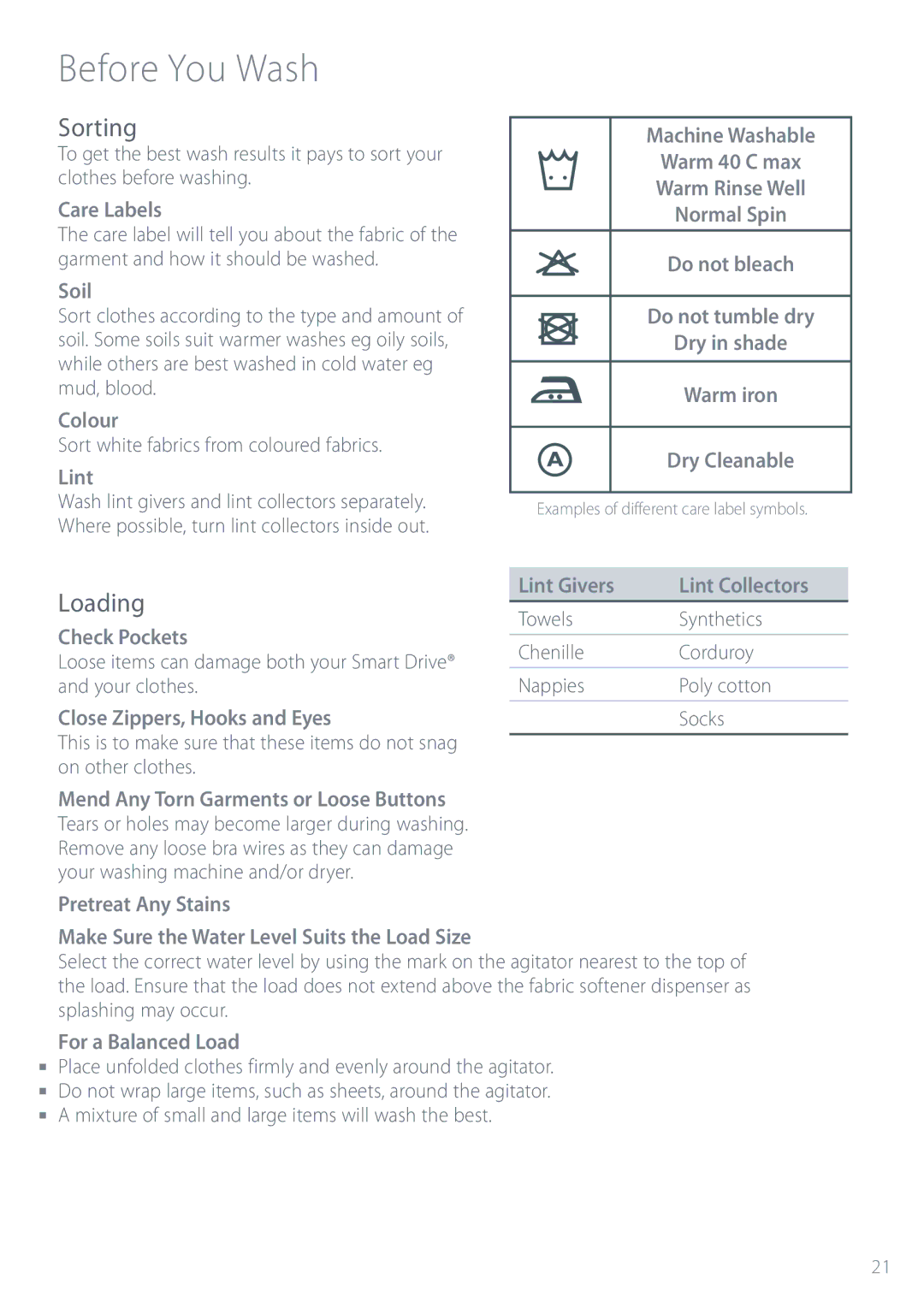 Fisher & Paykel MW512, GW512, GW612, GW712, MW612 installation instructions Before You Wash, Sorting, Loading 