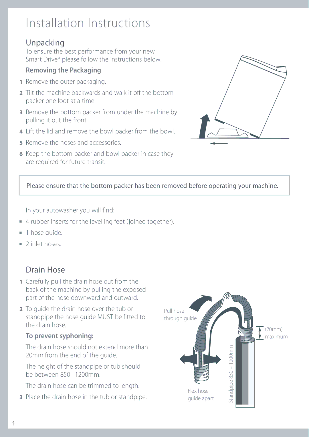 Fisher & Paykel MW612 Installation Instructions, Unpacking, Drain Hose, Removing the Packaging, To prevent syphoning 