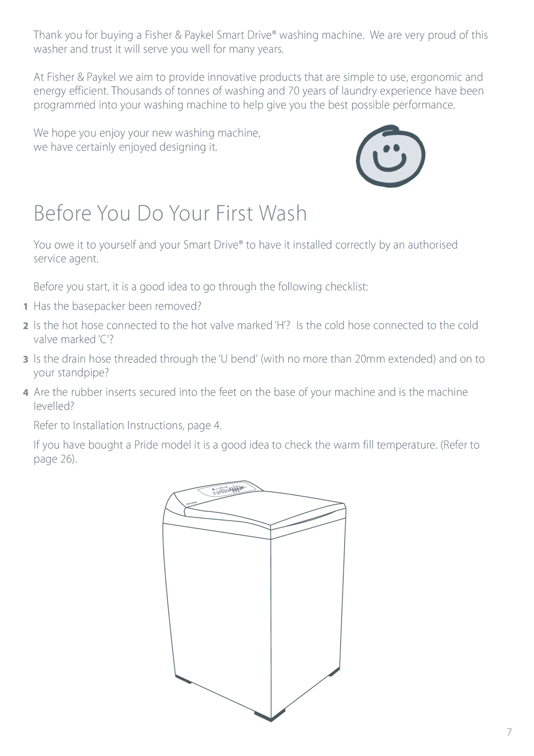 Fisher & Paykel GW612, GW512, MW512, GW712, MW612 installation instructions Before You Do Your First Wash 