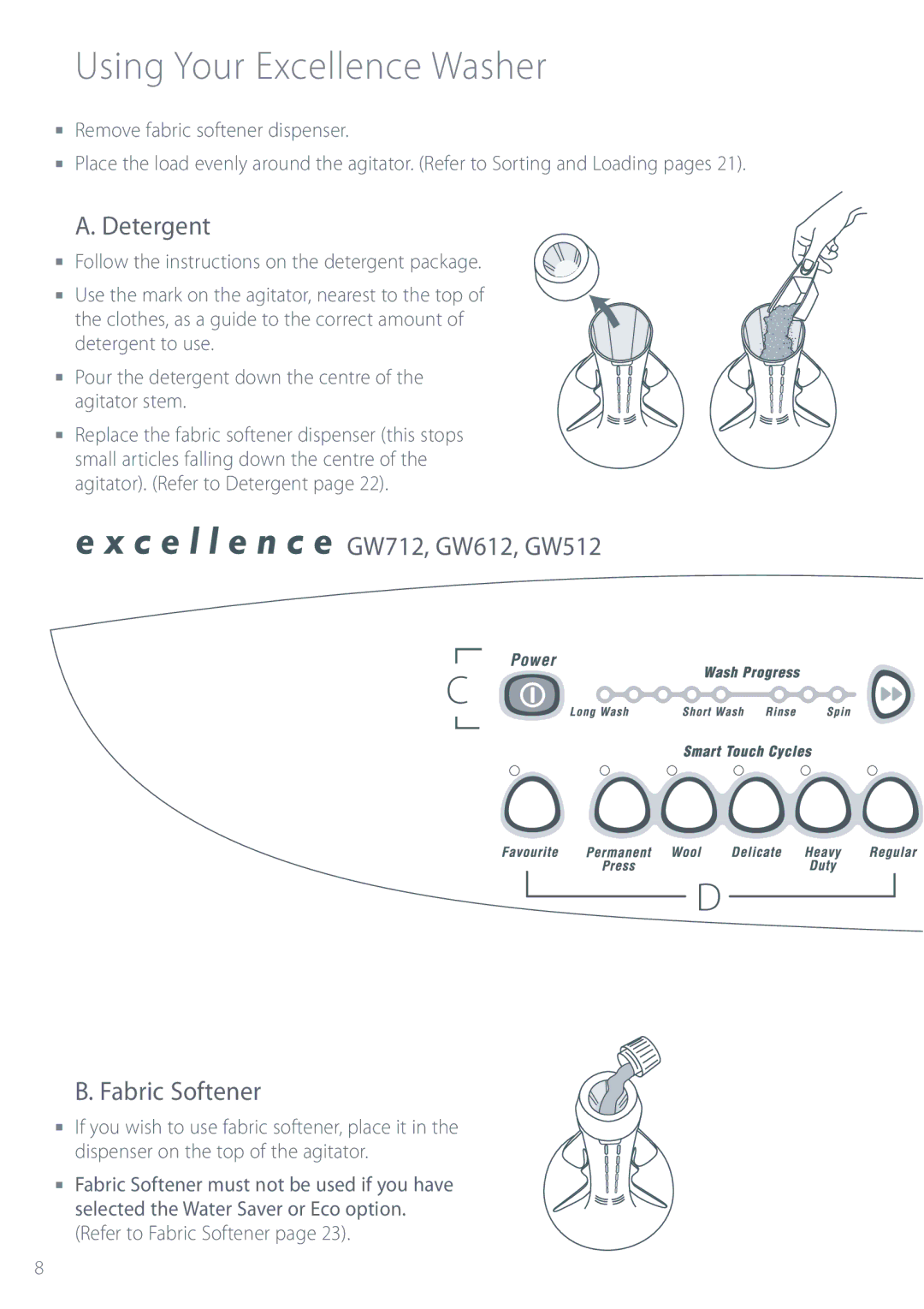 Fisher & Paykel MW512, MW612 Using Your Excellence Washer, Detergent, GW712, GW612, GW512 Fabric Softener 