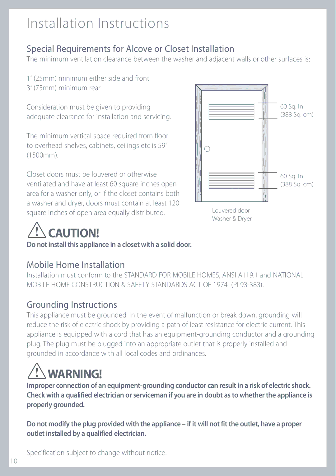 Fisher & Paykel GWL11 Special Requirements for Alcove or Closet Installation, Mobile Home Installation 