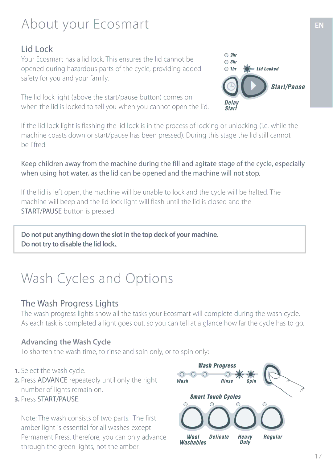 Fisher & Paykel GWL11 Wash Cycles and Options, Lid Lock, Wash Progress Lights, Advancing the Wash Cycle 