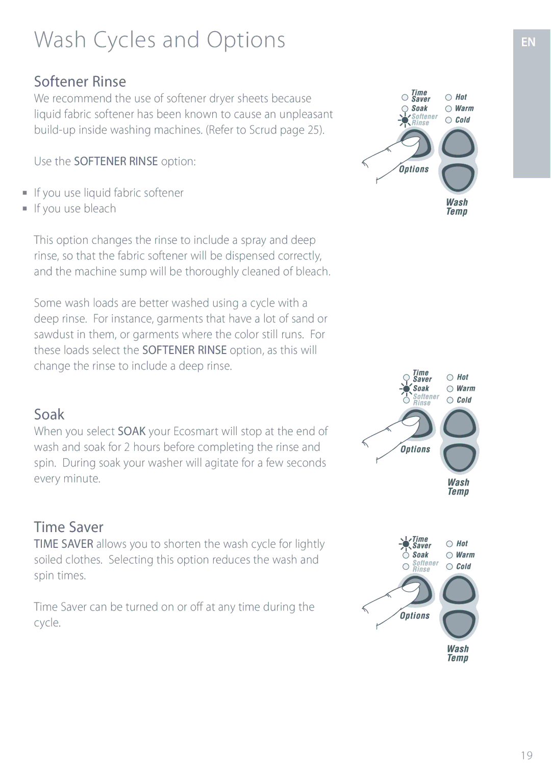 Fisher & Paykel GWL11 installation instructions Softener Rinse, Soak, Time Saver 