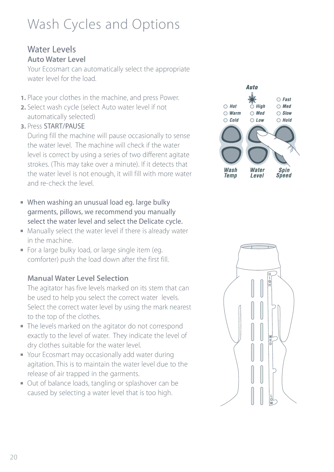 Fisher & Paykel GWL11 installation instructions Water Levels, Auto Water Level, Manual Water Level Selection 