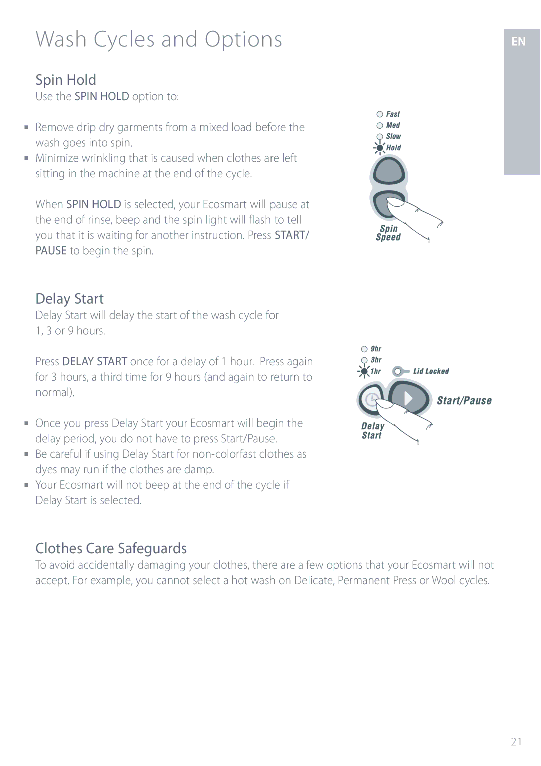 Fisher & Paykel GWL11 installation instructions Spin Hold, Delay Start, Clothes Care Safeguards 