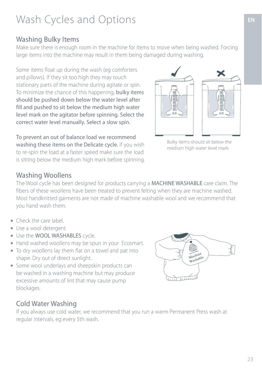 Fisher & Paykel GWL11 installation instructions Washing Bulky Items, Washing Woollens, Cold Water Washing 