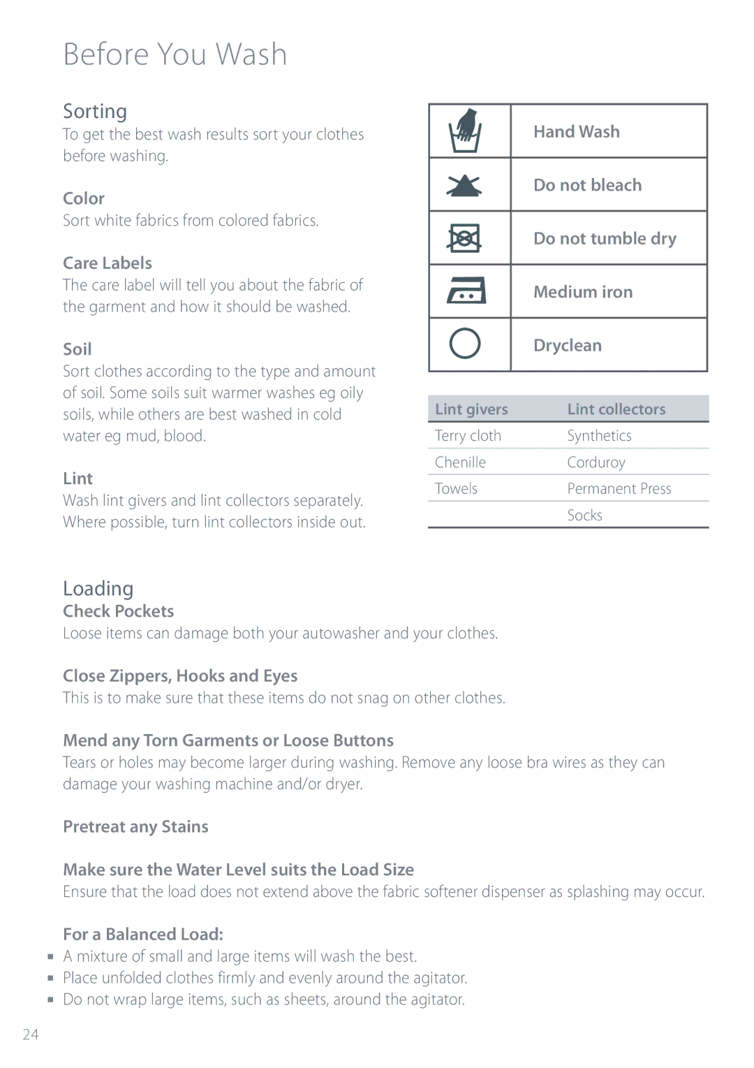 Fisher & Paykel GWL11 installation instructions Before You Wash, Sorting, Loading 