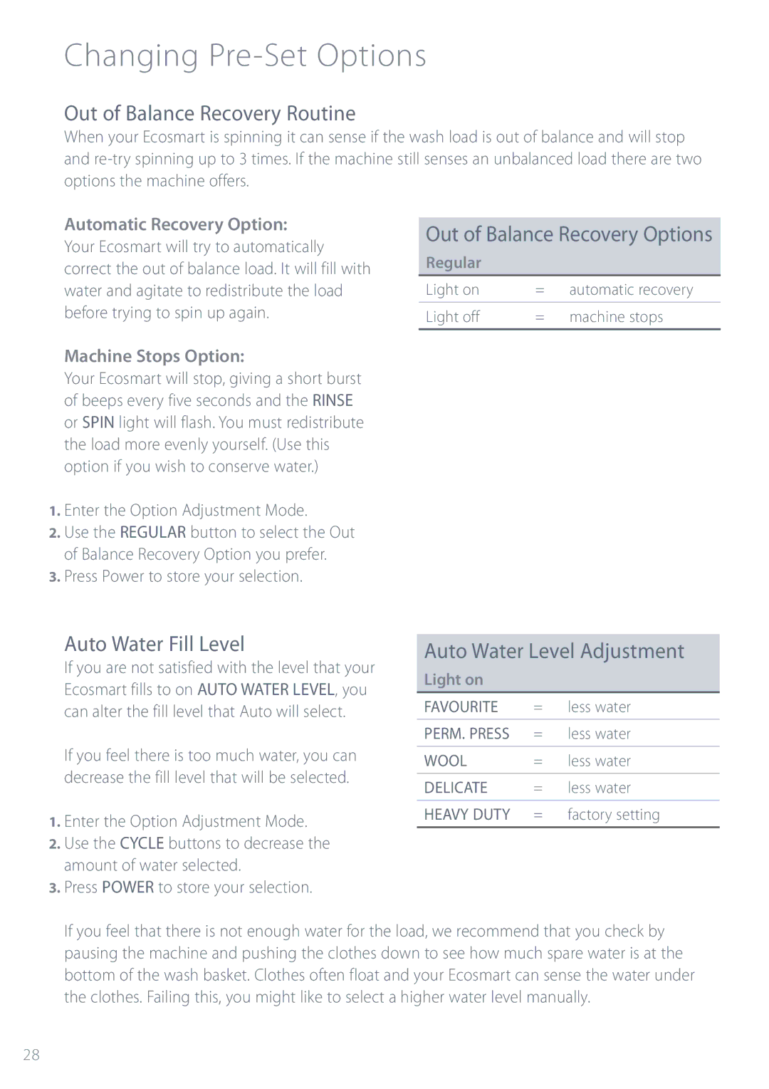 Fisher & Paykel GWL11 Out of Balance Recovery Routine, Out of Balance Recovery Options, Auto Water Fill Level 