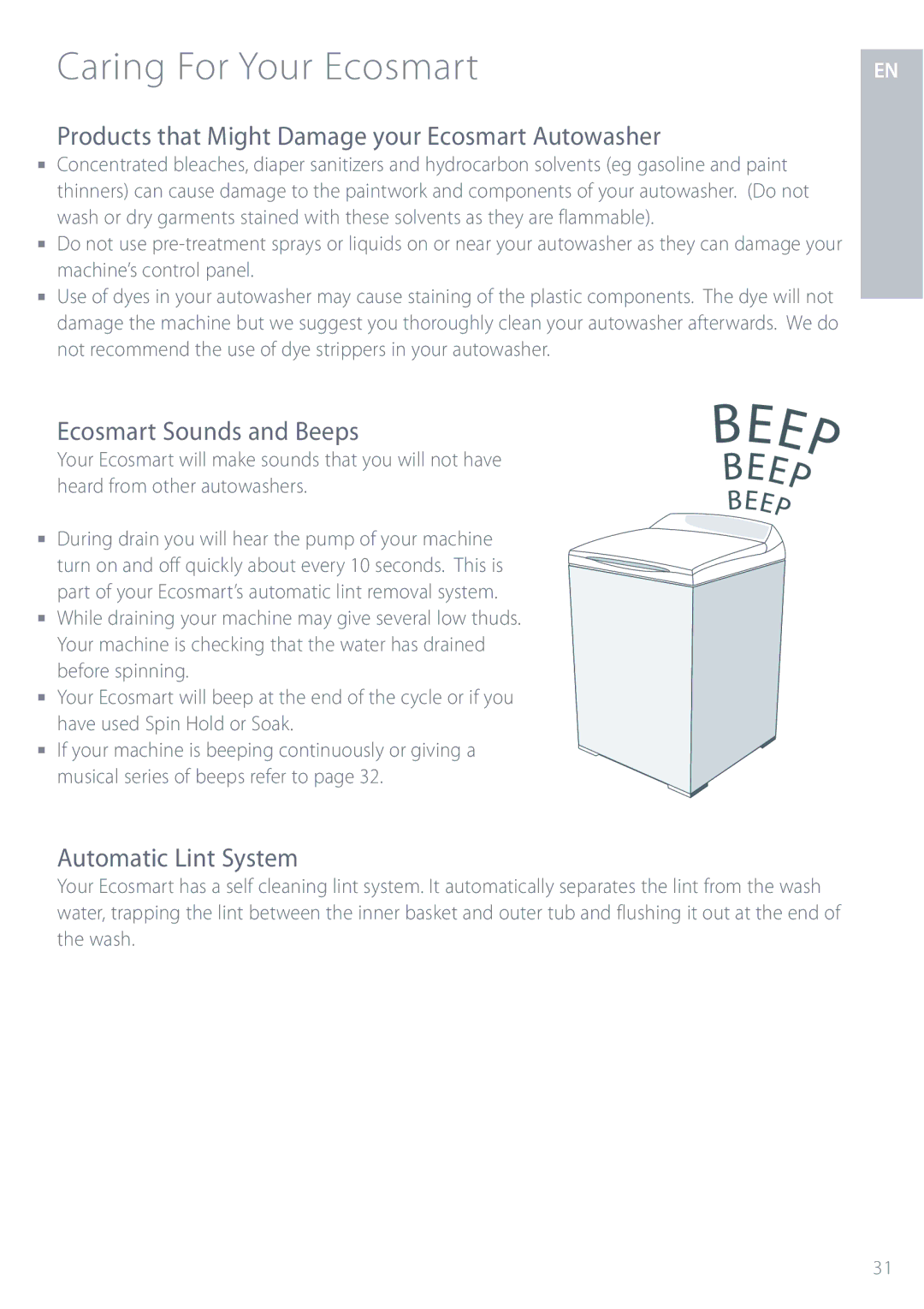 Fisher & Paykel GWL11 Products that Might Damage your Ecosmart Autowasher, Ecosmart Sounds and Beeps 