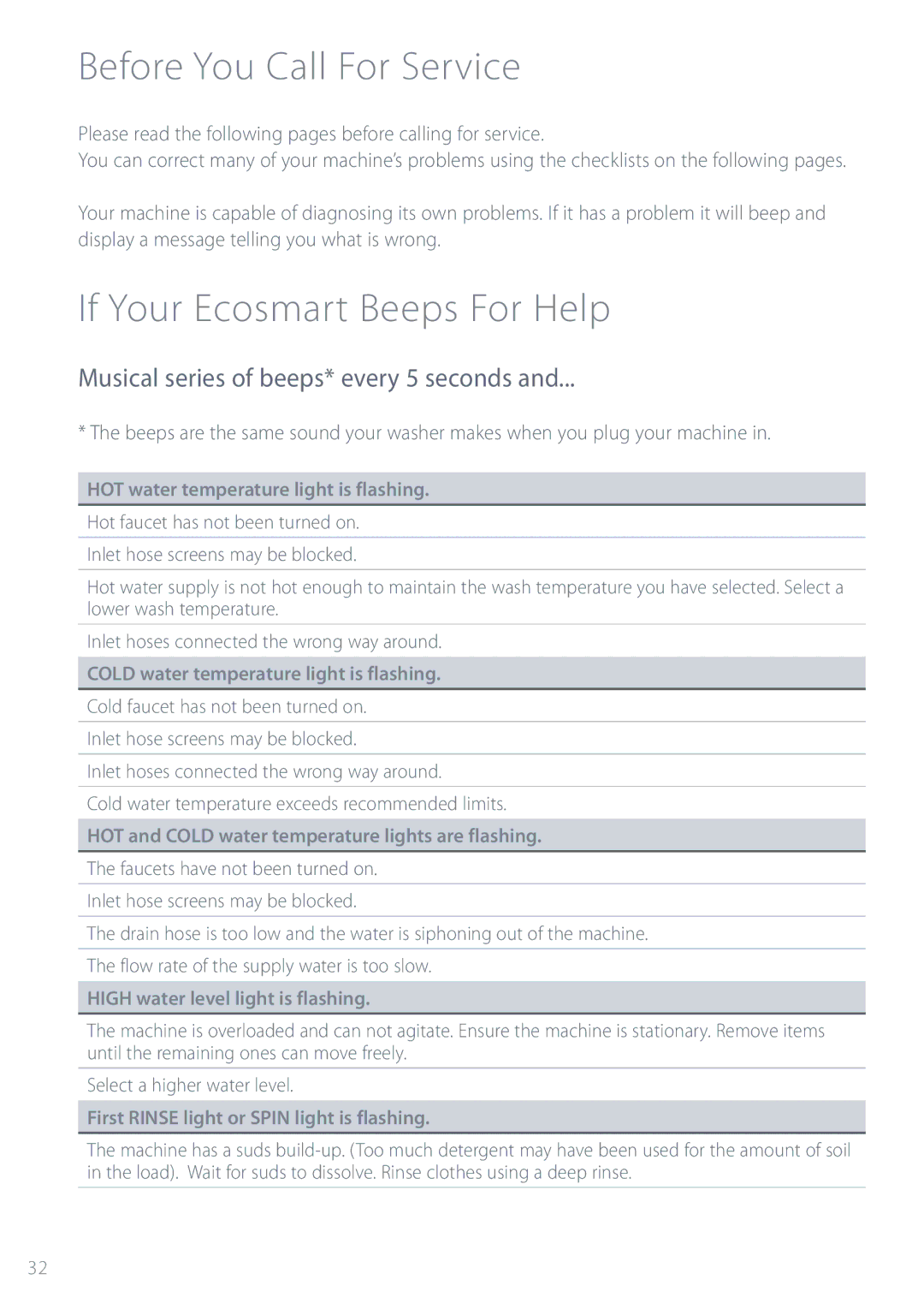 Fisher & Paykel GWL11 installation instructions Before You Call For Service, If Your Ecosmart Beeps For Help 