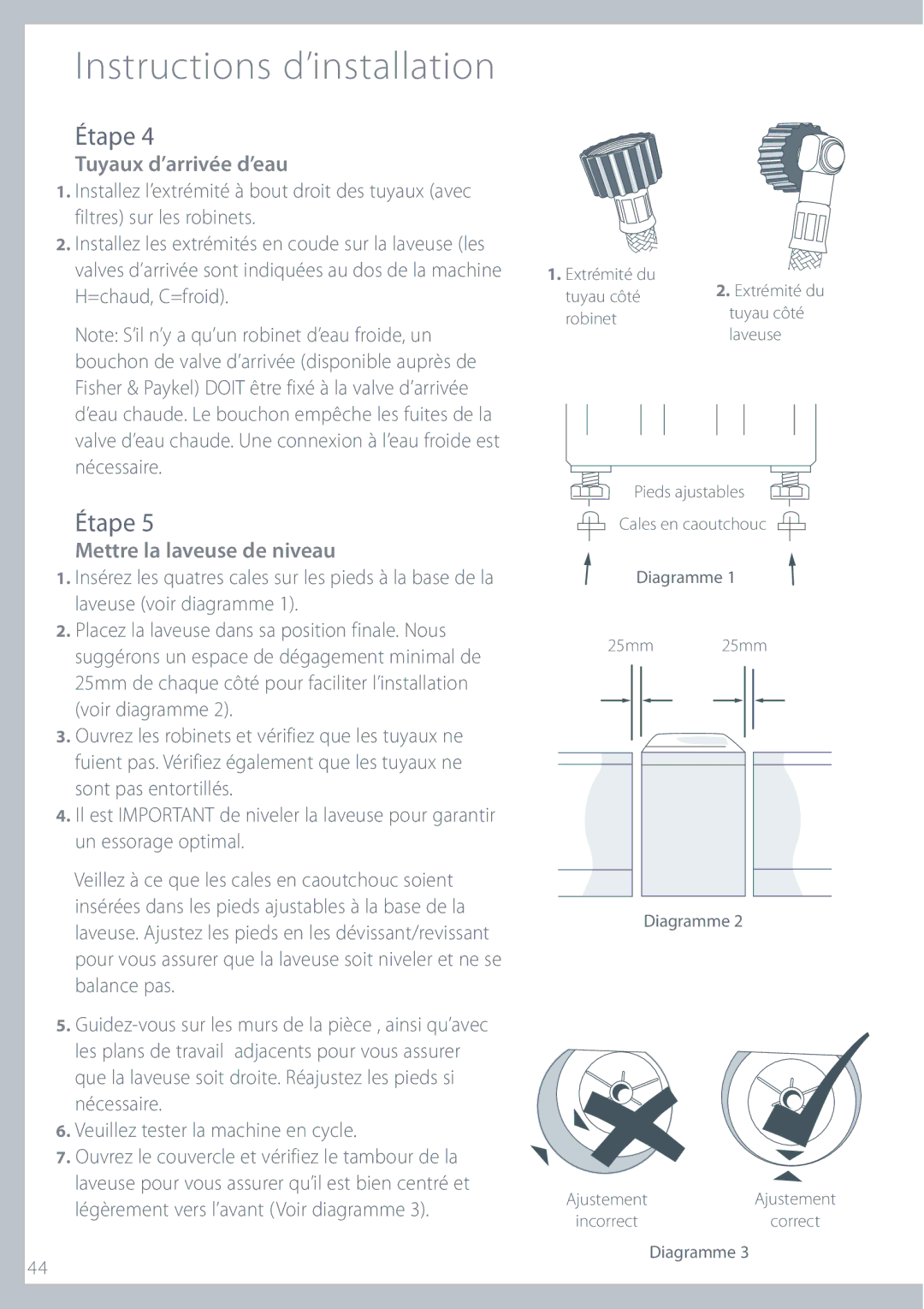 Fisher & Paykel GWL11 installation instructions Tuyaux d’arrivée d’eau, Mettre la laveuse de niveau 