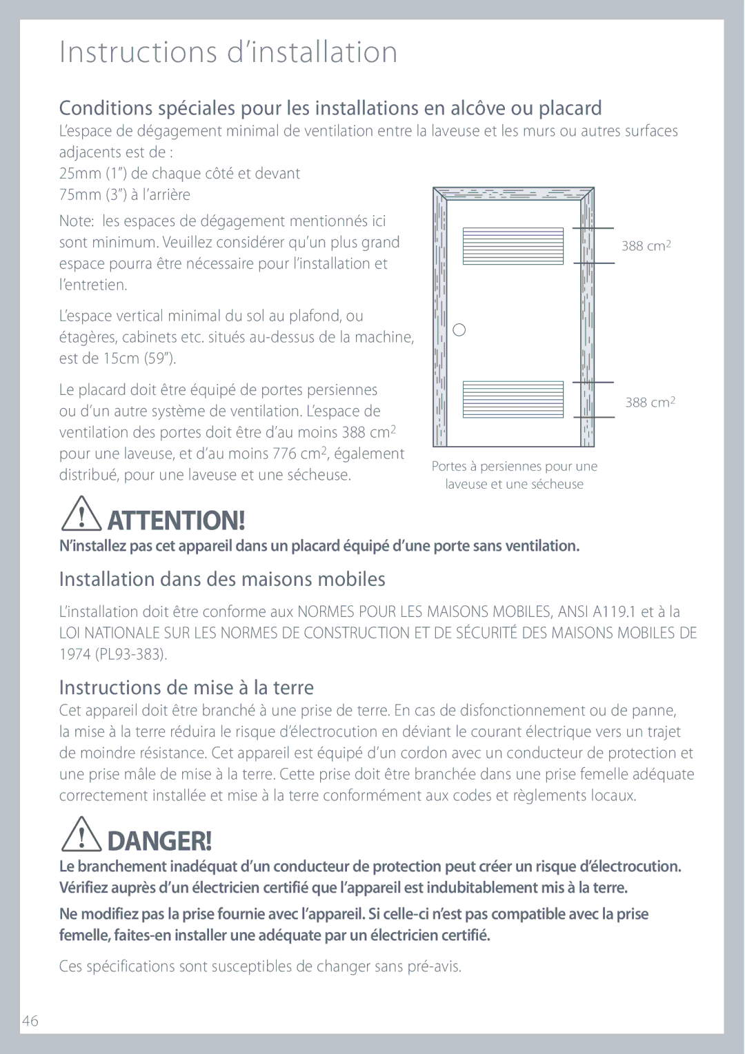 Fisher & Paykel GWL11 installation instructions Installation dans des maisons mobiles, Instructions de mise à la terre 