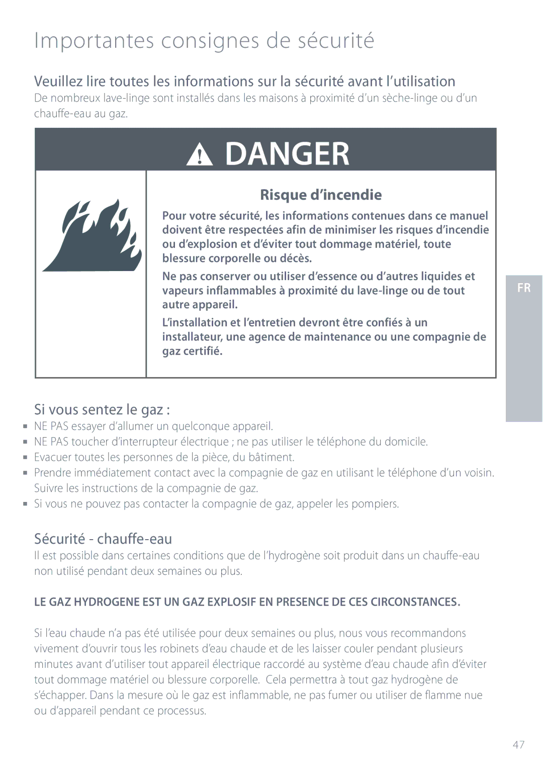 Fisher & Paykel GWL11 Importantes consignes de sécurité, Si vous sentez le gaz, Sécurité chauffe-eau 