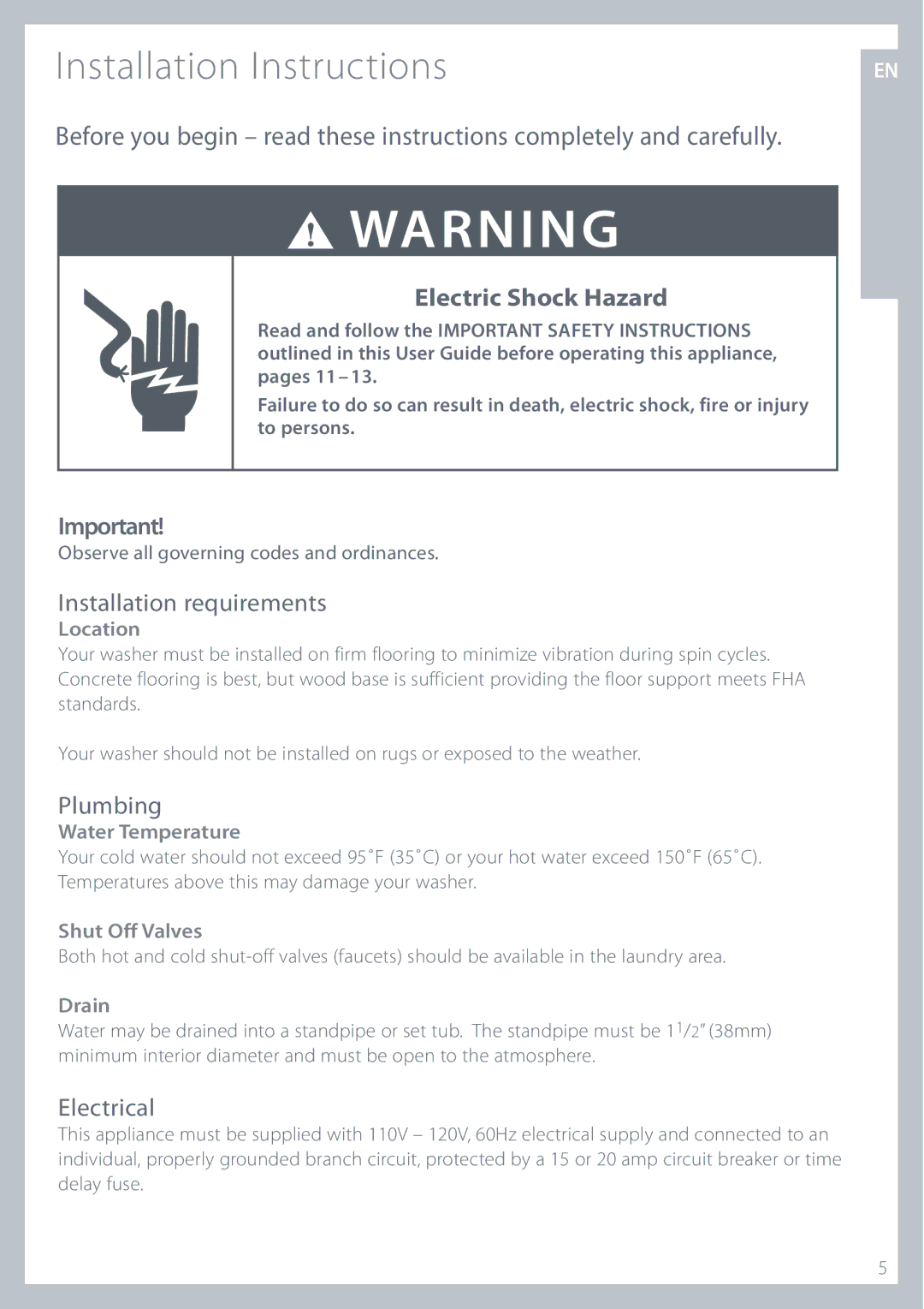 Fisher & Paykel GWL11 Installation Instructions, Location, Water Temperature, Shut Off Valves, Drain 