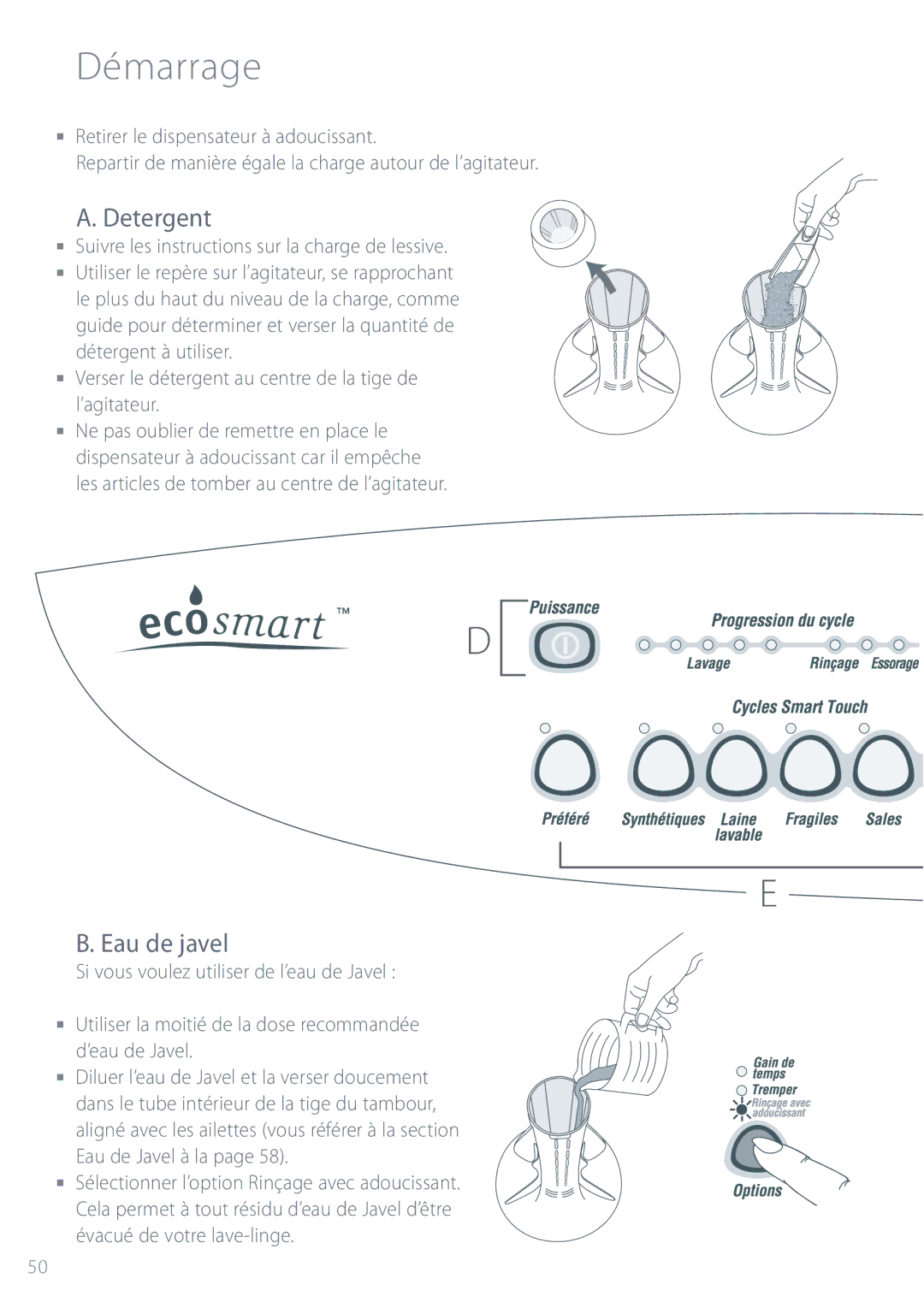 Fisher & Paykel GWL11 Démarrage, Eau de javel, Verser le détergent au centre de la tige de l’agitateur 