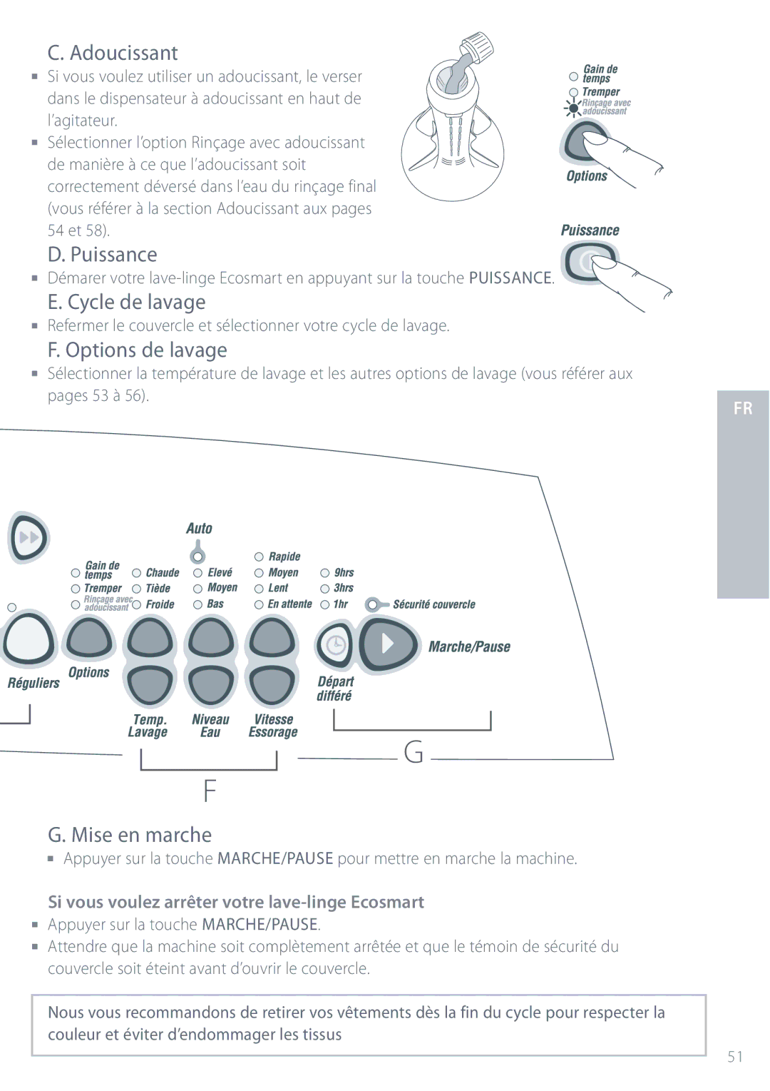 Fisher & Paykel GWL11 installation instructions Adoucissant, Puissance, Cycle de lavage, Options de lavage, Mise en marche 