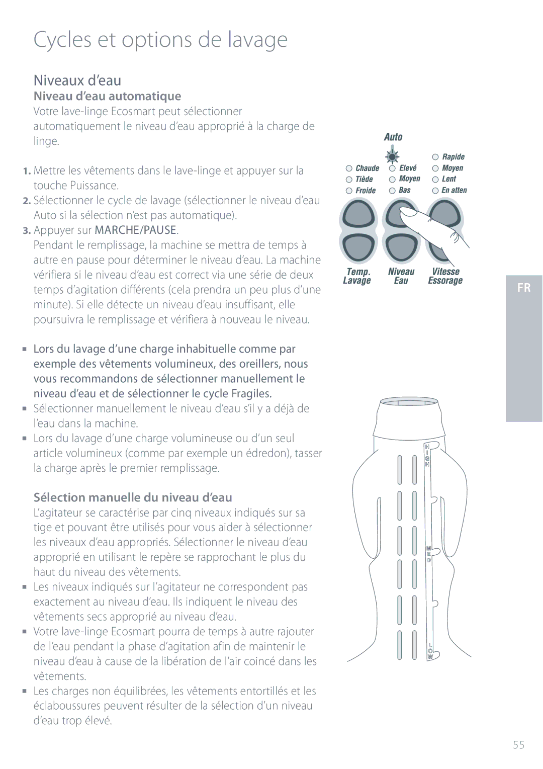 Fisher & Paykel GWL11 installation instructions Niveaux d’eau, Niveau d’eau automatique, Sélection manuelle du niveau d’eau 