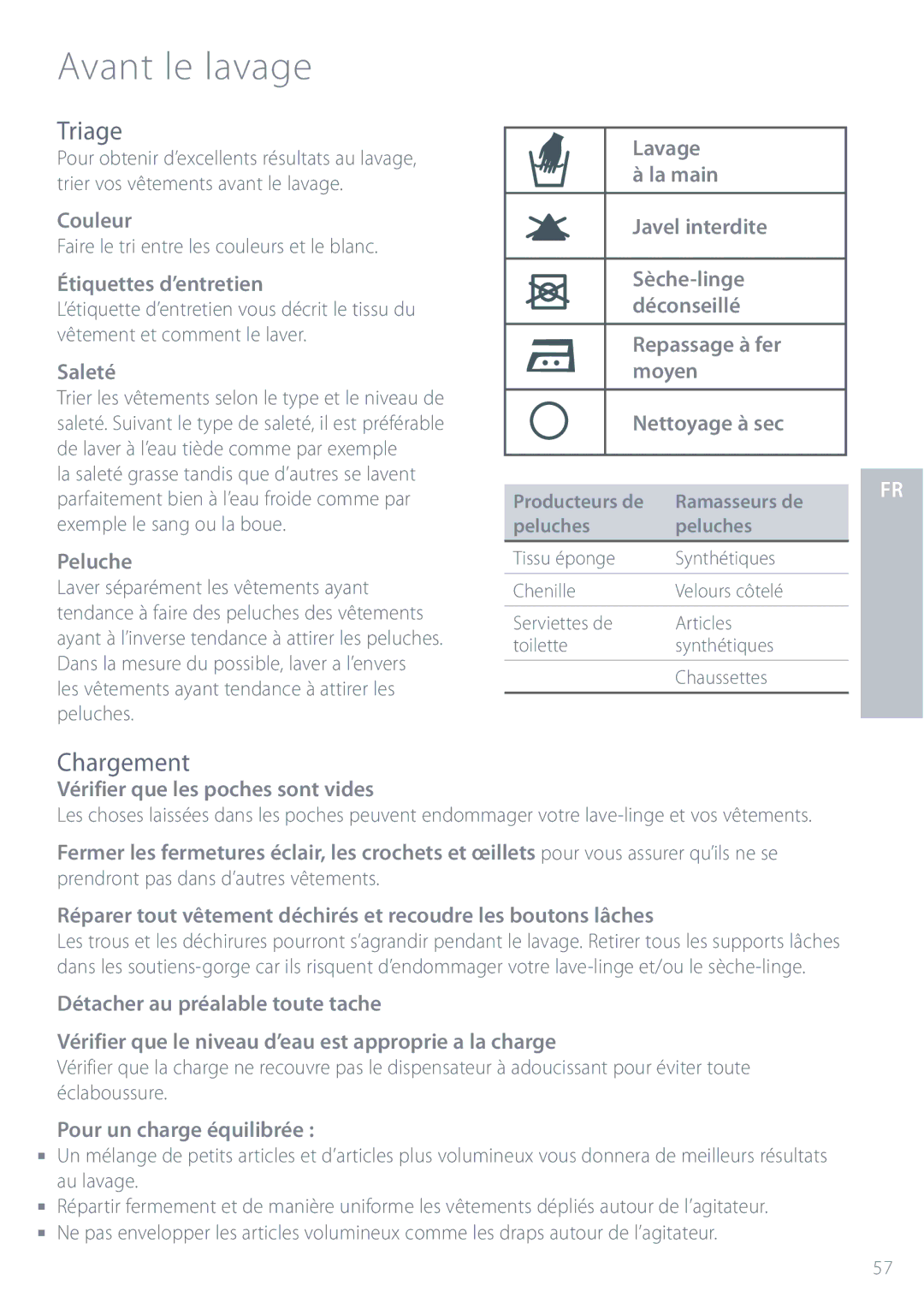 Fisher & Paykel GWL11 installation instructions Avant le lavage, Triage, Chargement 