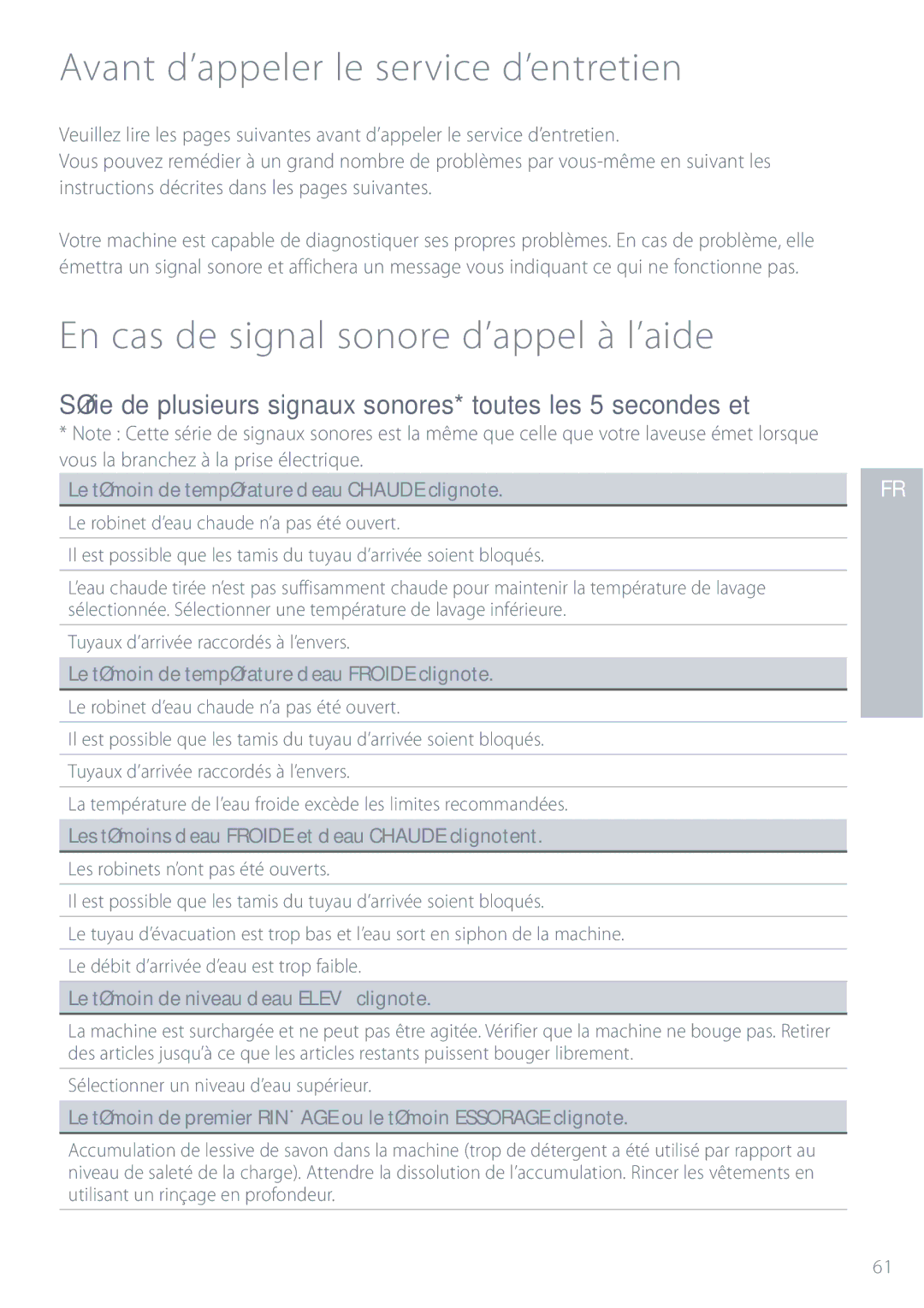 Fisher & Paykel GWL11 Avant d’appeler le service d’entretien, En cas de signal sonore d’appel à l’aide 