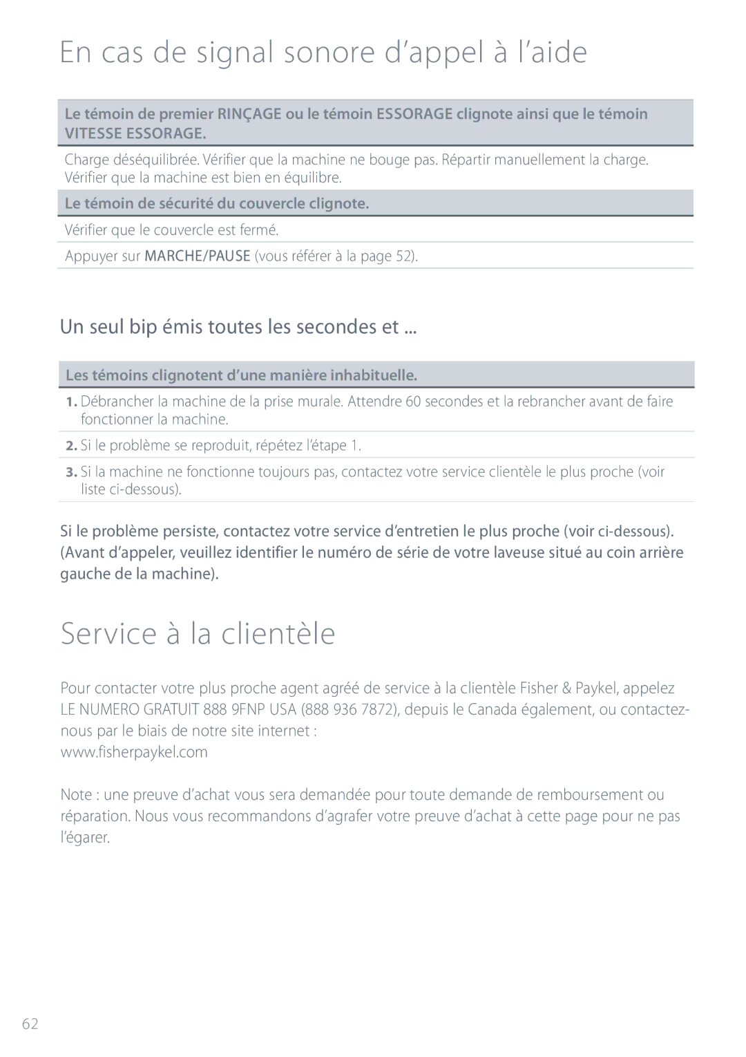 Fisher & Paykel GWL11 installation instructions Service à la clientèle, Un seul bip émis toutes les secondes et 