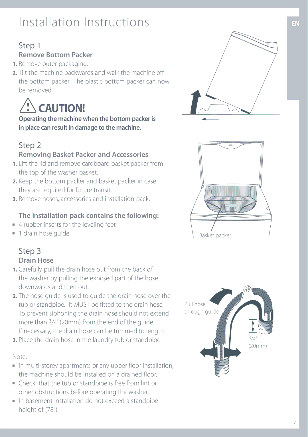 Fisher & Paykel GWL11 Step, Remove Bottom Packer, Removing Basket Packer and Accessories, Drain Hose 