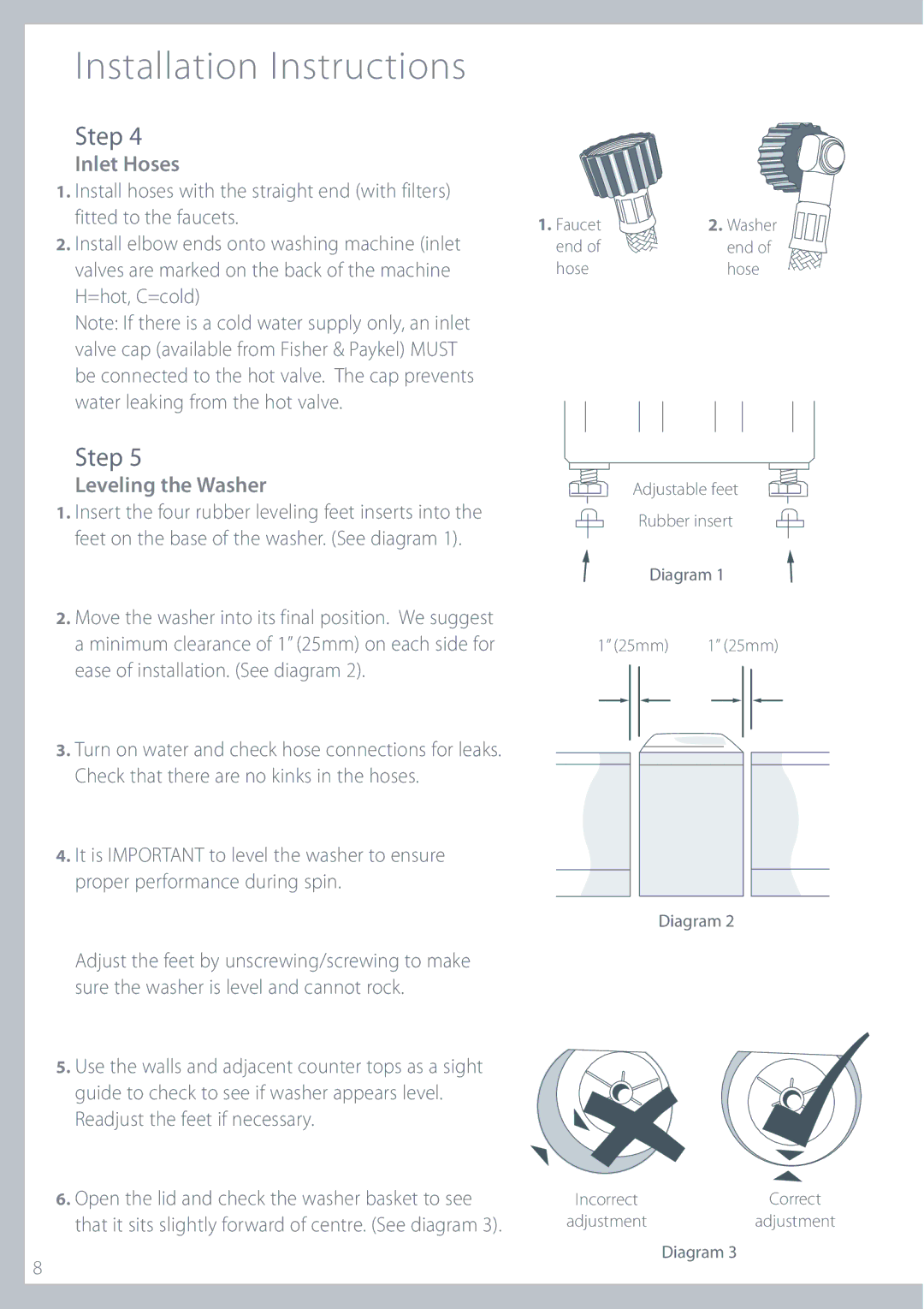 Fisher & Paykel GWL11 installation instructions Inlet Hoses, Leveling the Washer 