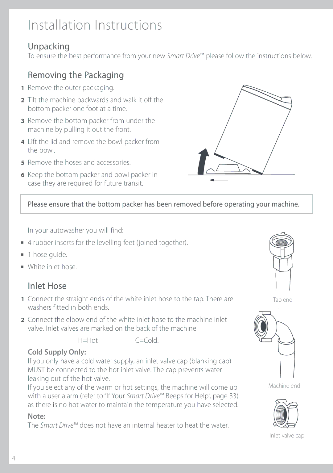 Fisher & Paykel GWL12 installation instructions Otubmmbujpo*Otusvdujpot, 6OQBDLJOH, 3FNPWJOHUIF1BDLBHJOH, OmfuPtf 