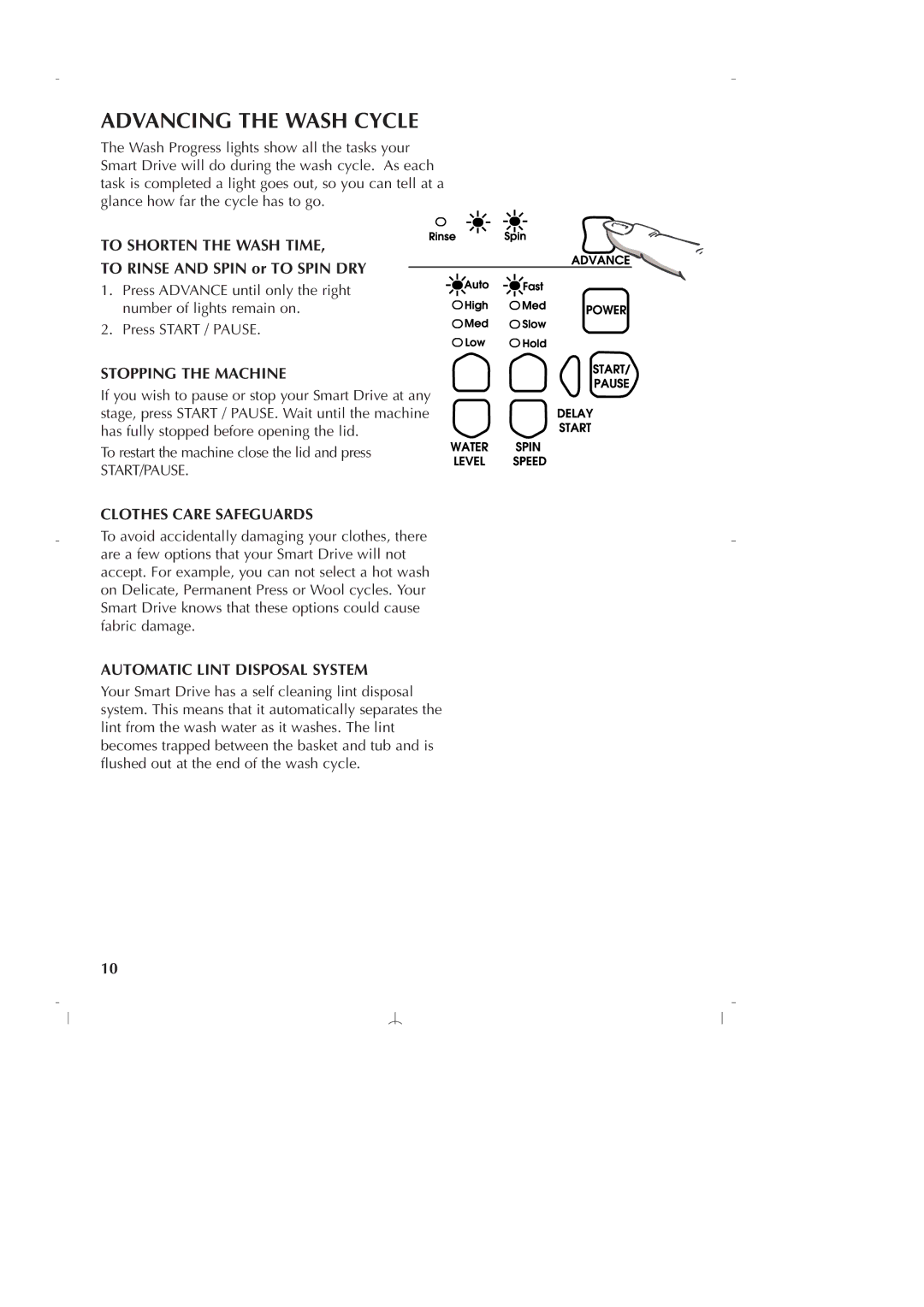 Fisher & Paykel GWLO8 Advancing the Wash Cycle, To Shorten the Wash Time, Stopping the Machine, Clothes Care Safeguards 