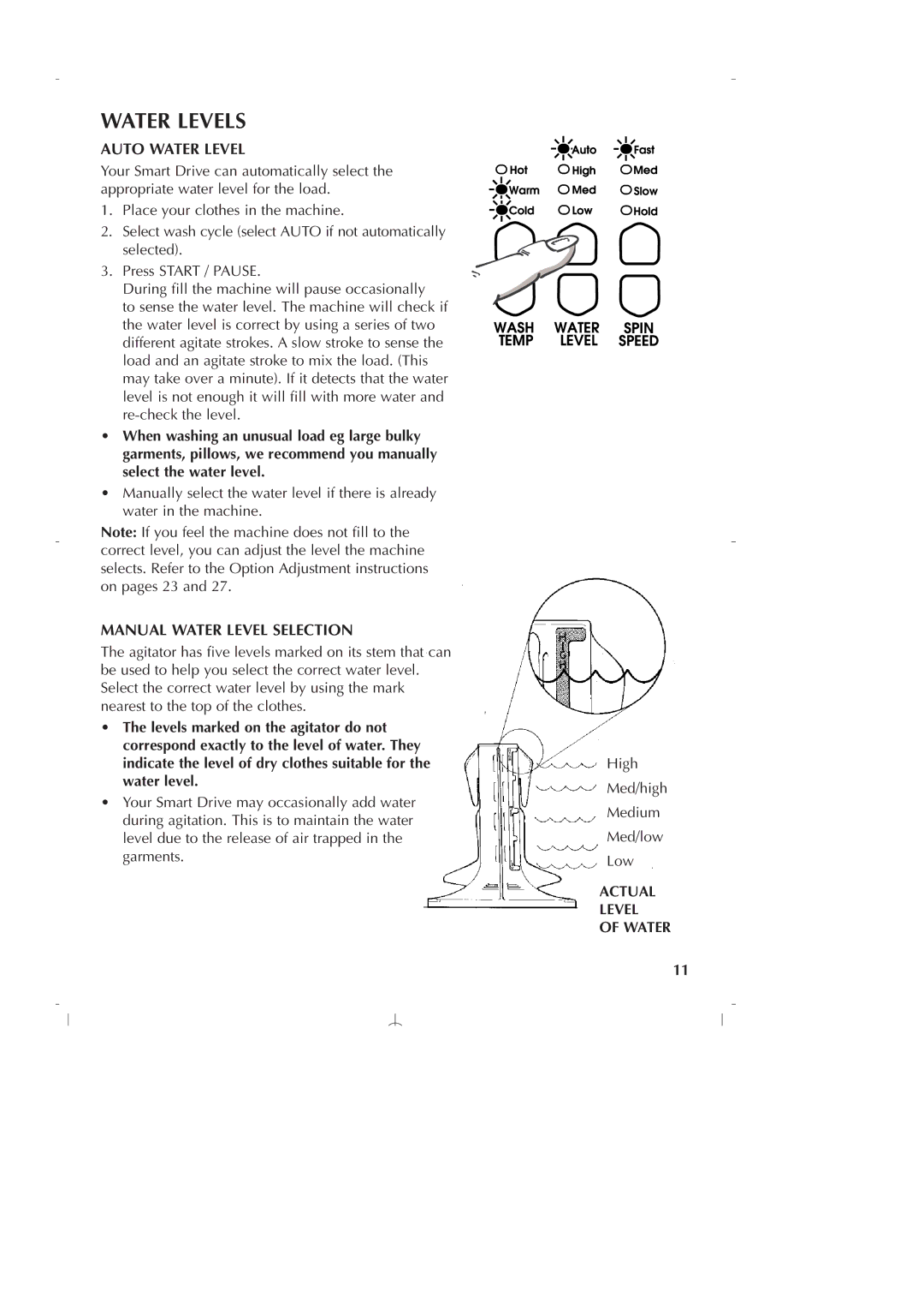 Fisher & Paykel GWLO8 manual Water Levels, Auto Water Level, Manual Water Level Selection, Actual Level of Water 