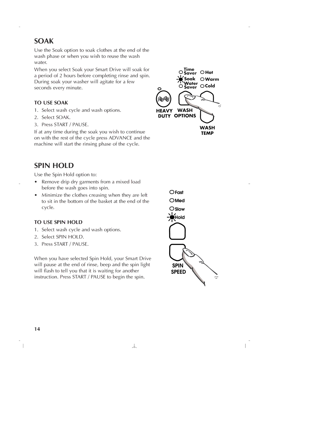 Fisher & Paykel GWLO8 manual To USE Soak, To USE Spin Hold 