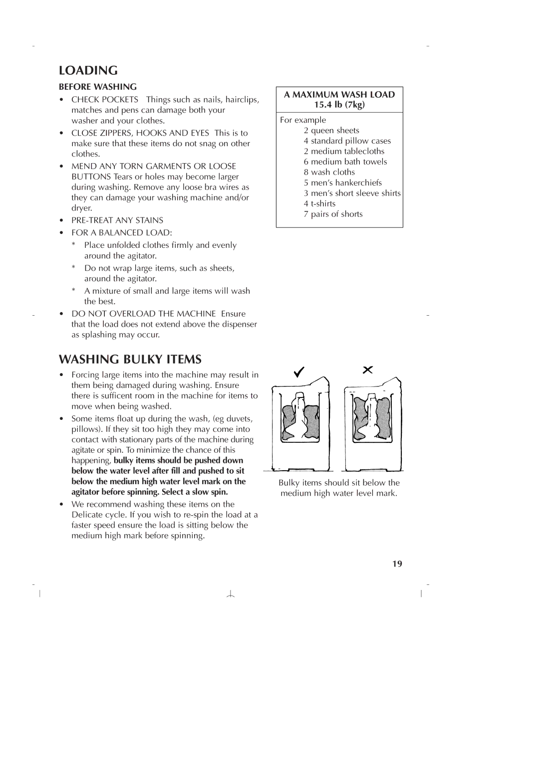 Fisher & Paykel GWLO8 manual Loading, Washing Bulky Items, Before Washing, Maximum Wash Load, 15.4 lb 7kg 