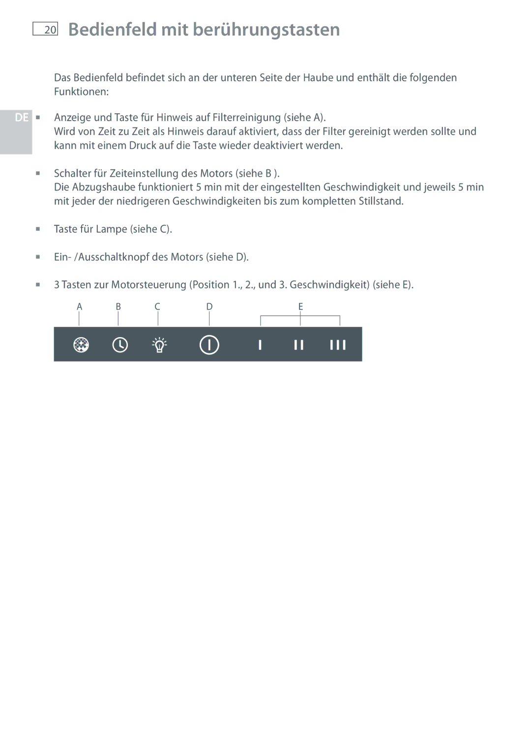 Fisher & Paykel HC90DCXB1, HC120DCXB1, HC60DCXB1 installation instructions Bedienfeld mit berührungstasten 