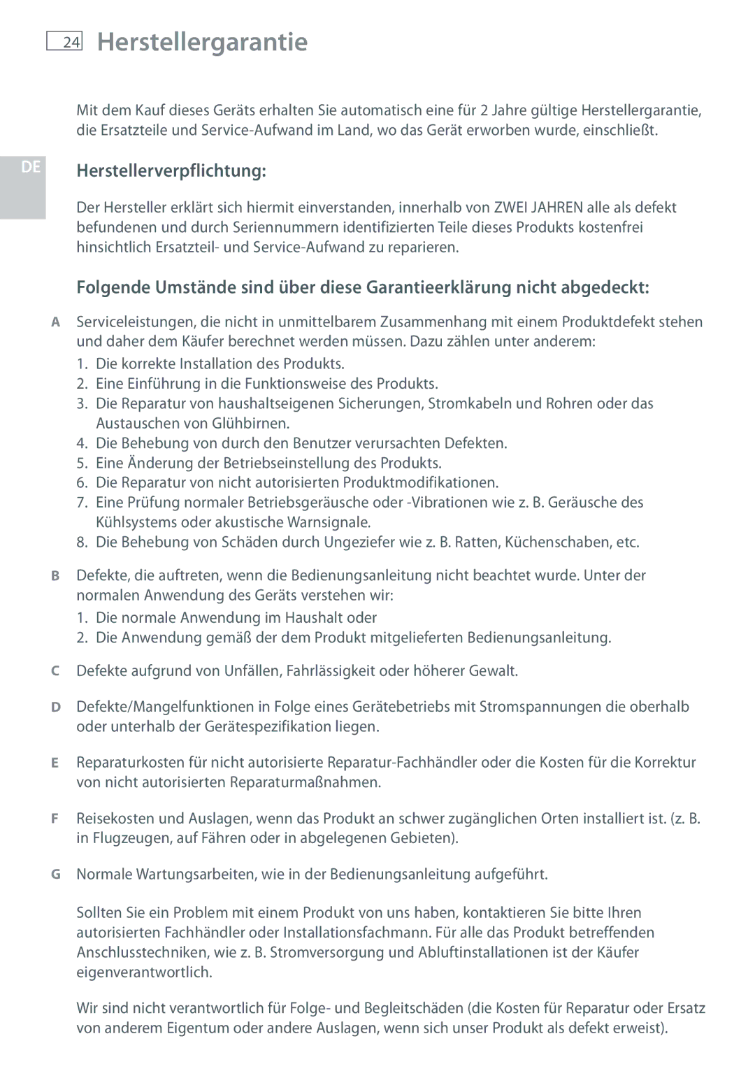 Fisher & Paykel HC60DCXB1, HC120DCXB1, HC90DCXB1 installation instructions Herstellergarantie, DE Herstellerverpflichtung 