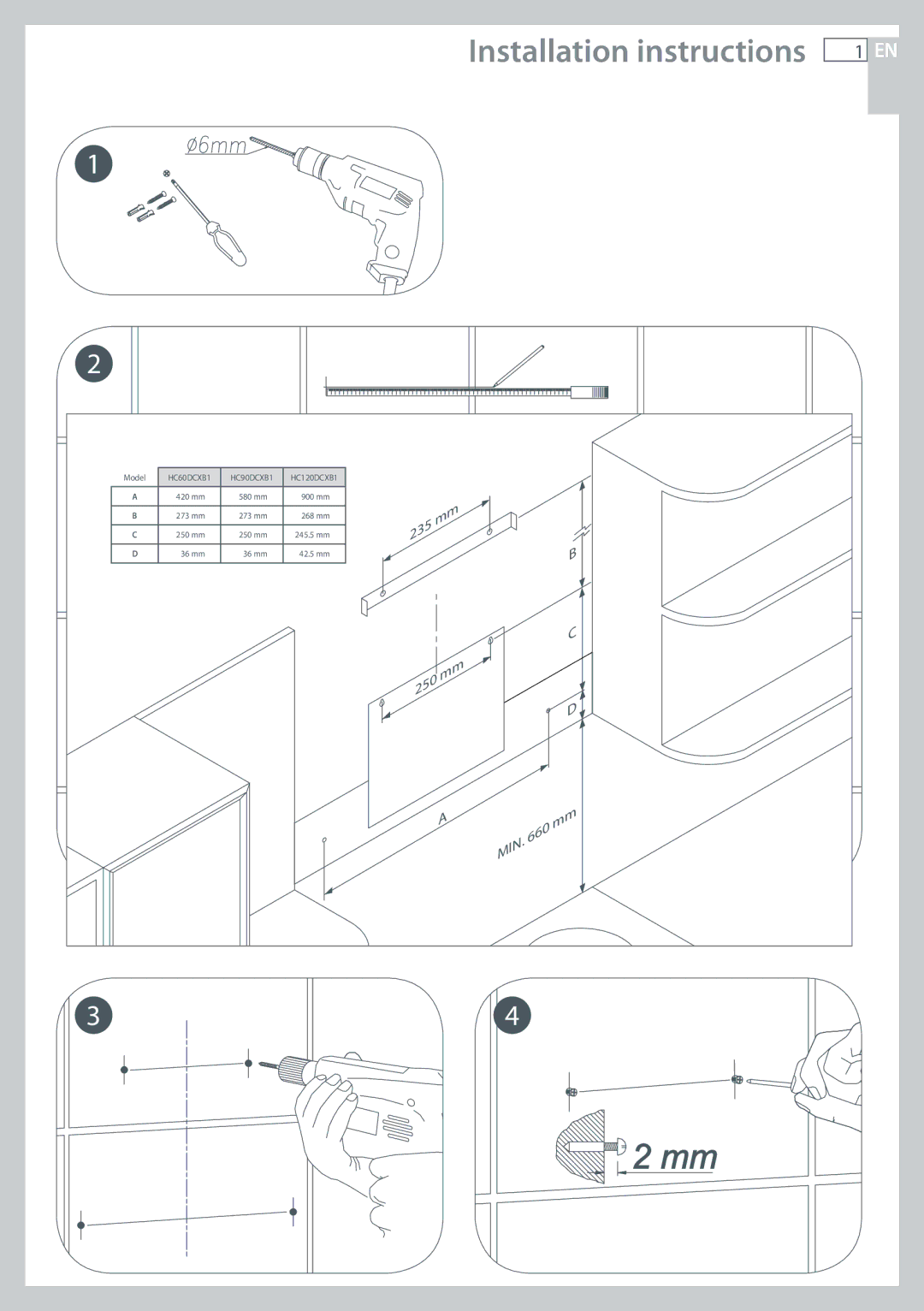 Fisher & Paykel HC120DCXB1, HC90DCXB1, HC60DCXB1 installation instructions Installation instructions 