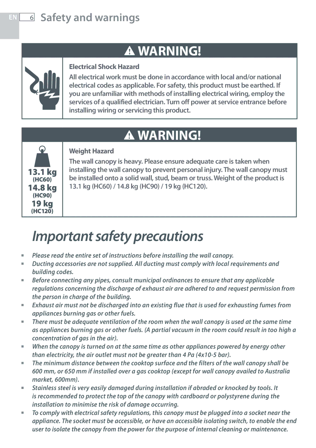 Fisher & Paykel HC60DCXB1, HC120DCXB1, HC90DCXB1 installation instructions Safety and warnings, Electrical Shock Hazard 