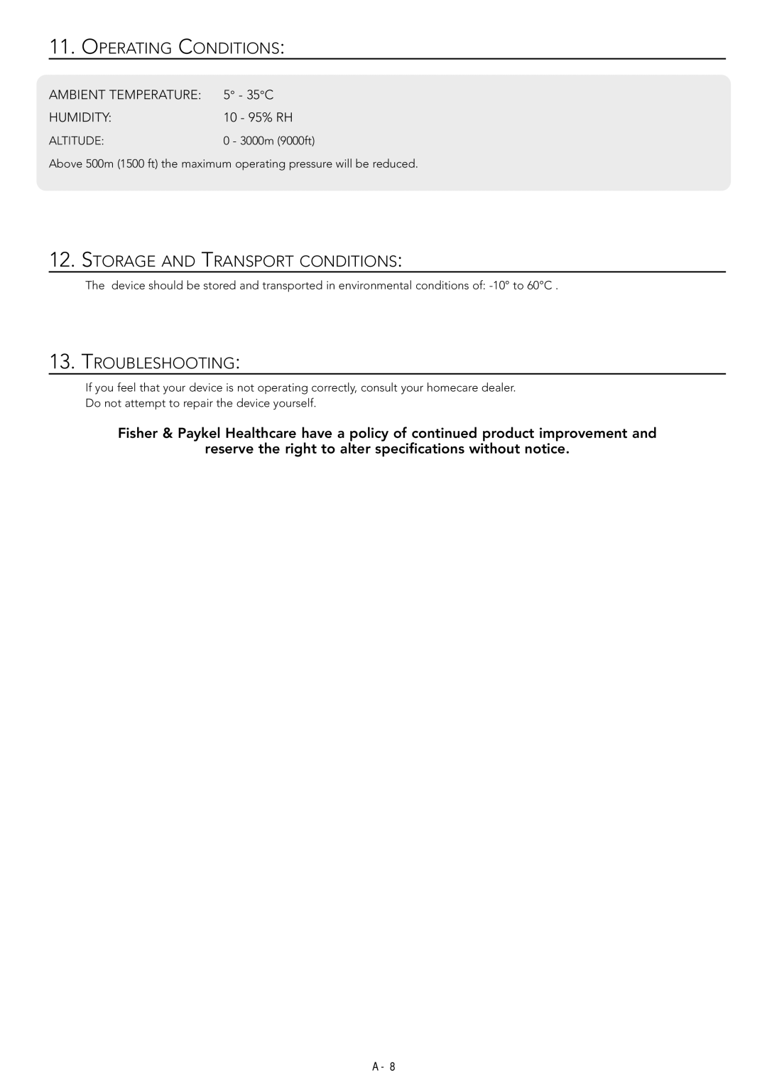 Fisher & Paykel HC230 manual Operating Conditions, Storage and Transport Conditions, Troubleshooting, Ambient Temperature 