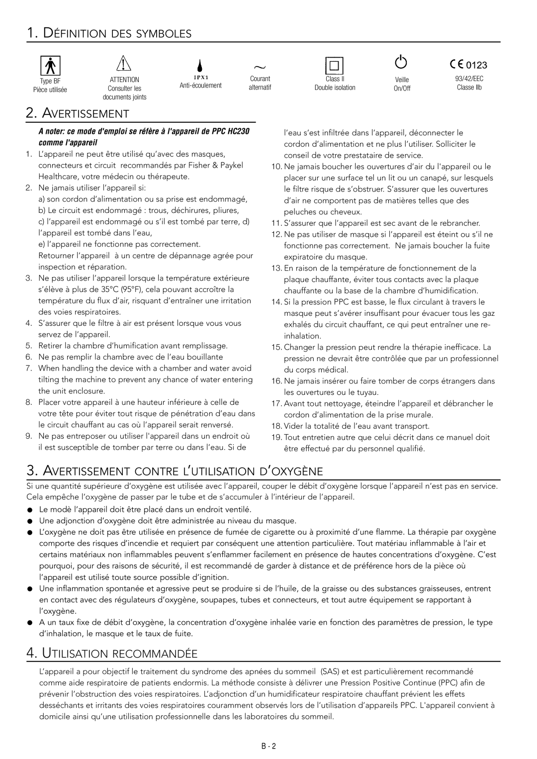 Fisher & Paykel HC230 Définition DES Symboles, Avertissement Contre L’UTILISATION D’OXYGÈNE, Utilisation Recommandée 