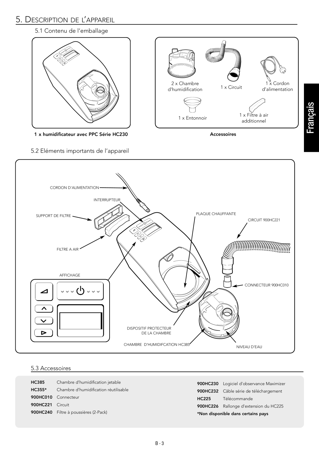 Fisher & Paykel HC230 manual Description DE L’APPAREIL, Contenu de l’emballage 