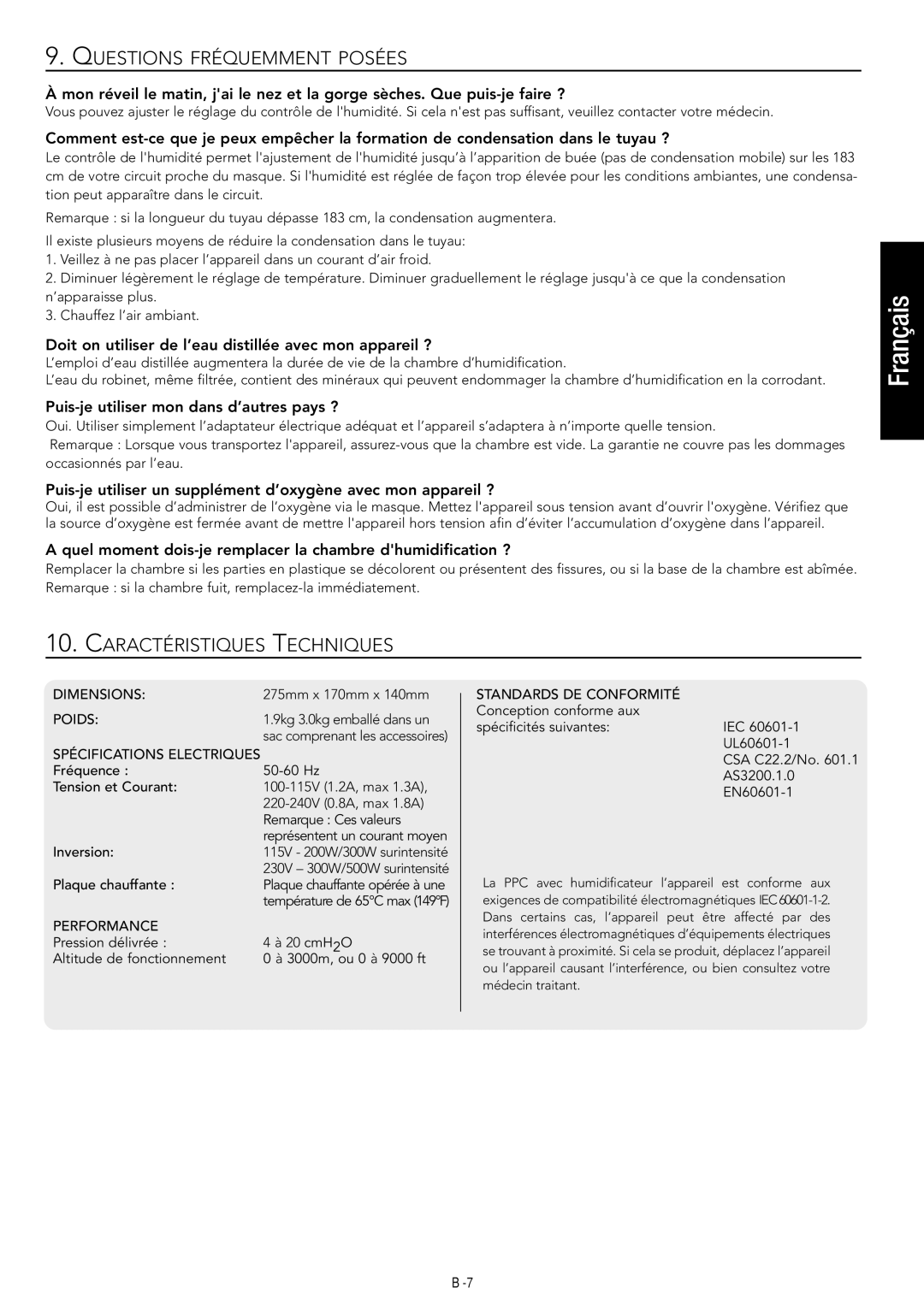 Fisher & Paykel HC230 manual Questions Fréquemment Posées, Caractéristiques Techniques, Poids 