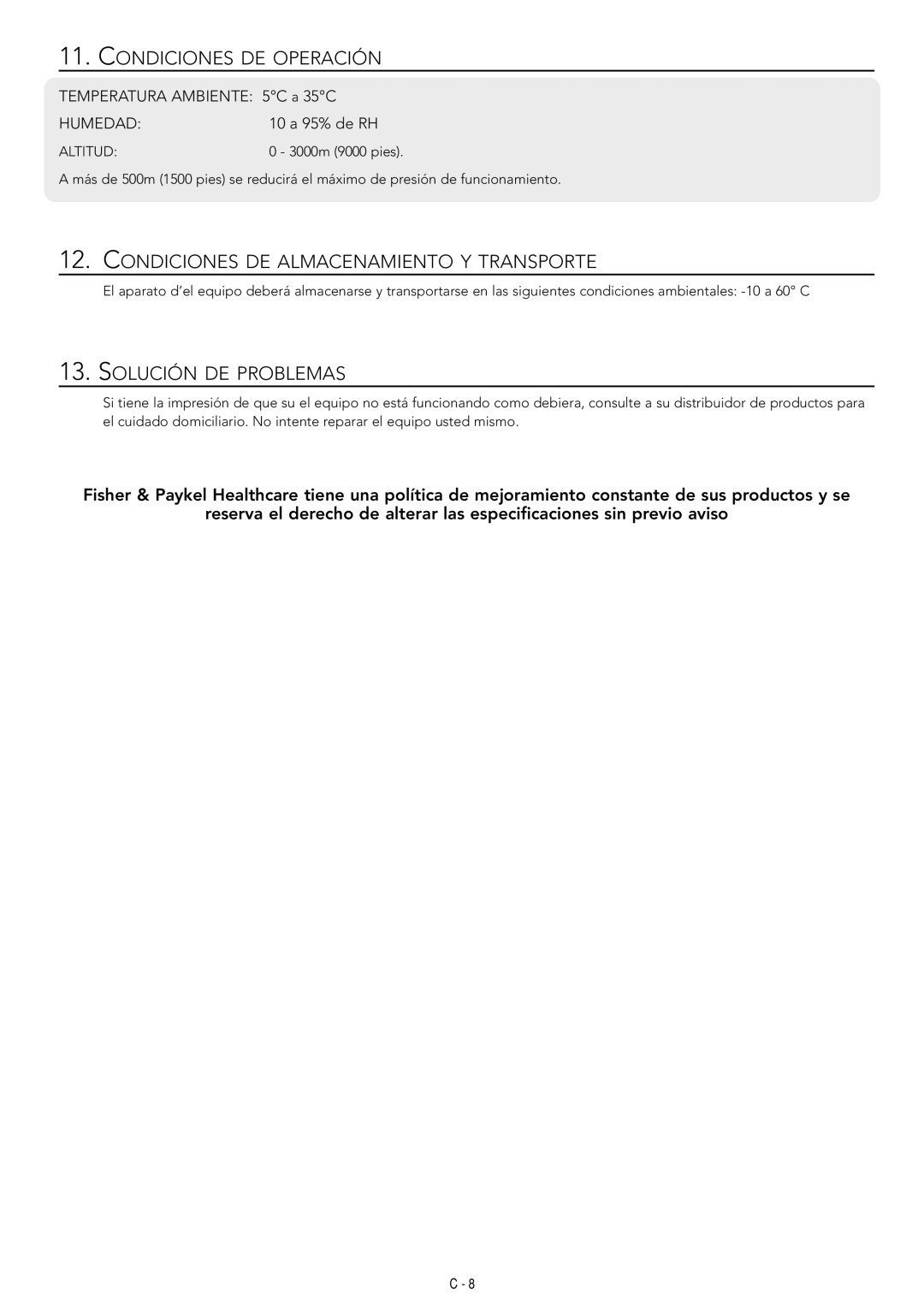 Fisher & Paykel HC230 Condiciones DE Operación, Condiciones DE Almacenamiento Y Transporte, Solución DE Problemas, Humedad 